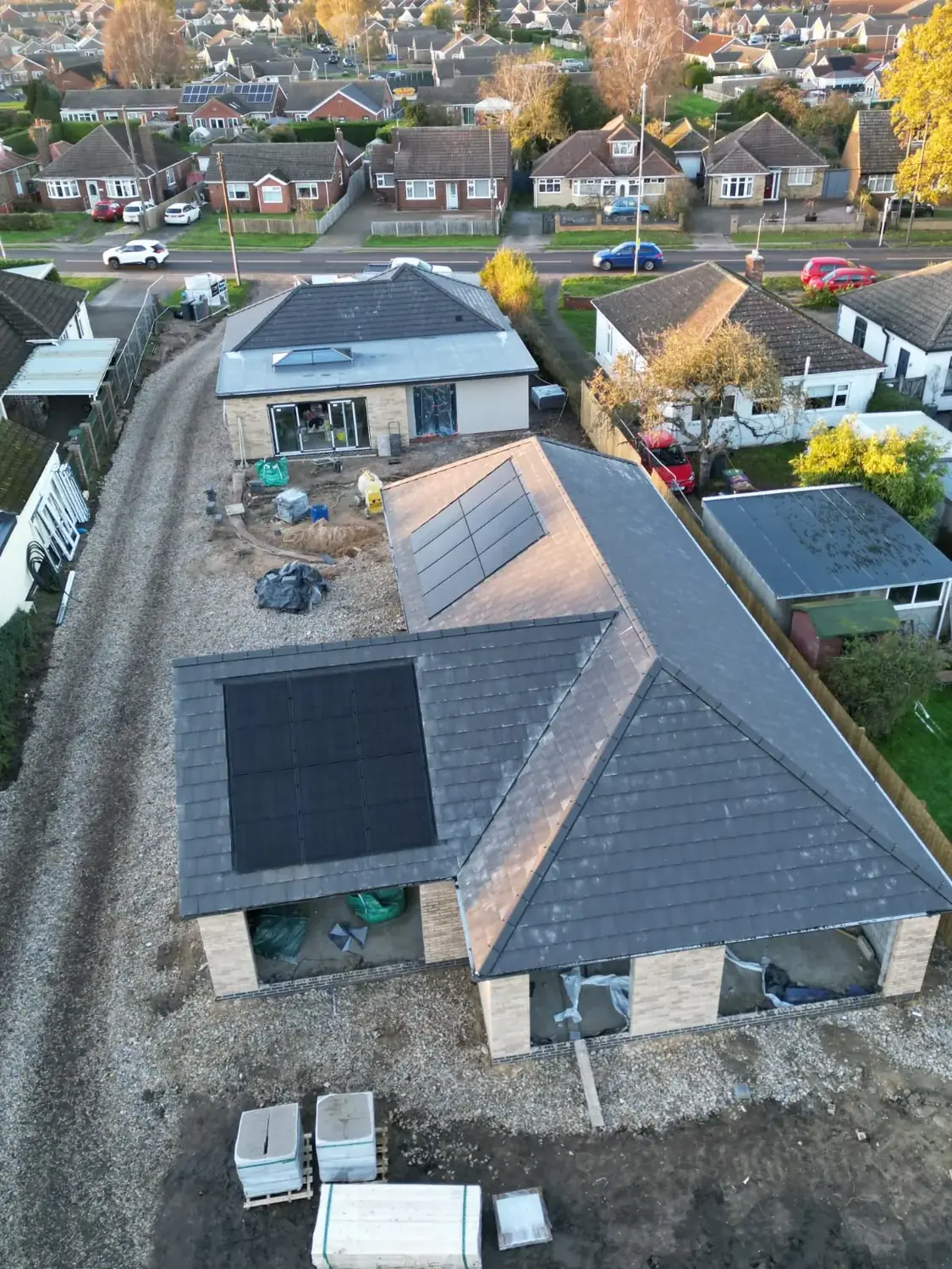 Solar panels on a Lincoln bungalow roof seen from above